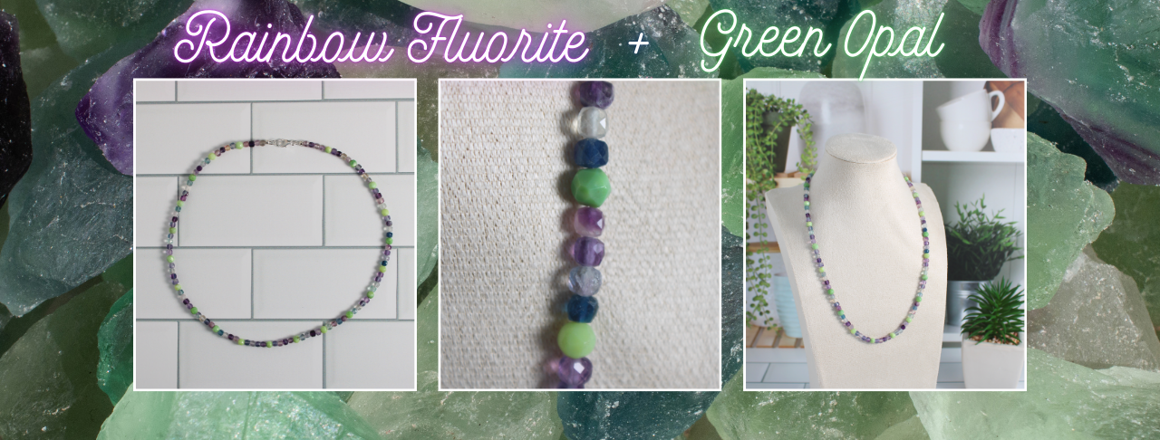 Fluorite and opal necklace handmade jewelry for spring